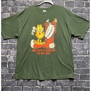 VTG Garfield Christmas Shirt Mens XL Green You Gotta Wish Big To Get Big Holiday